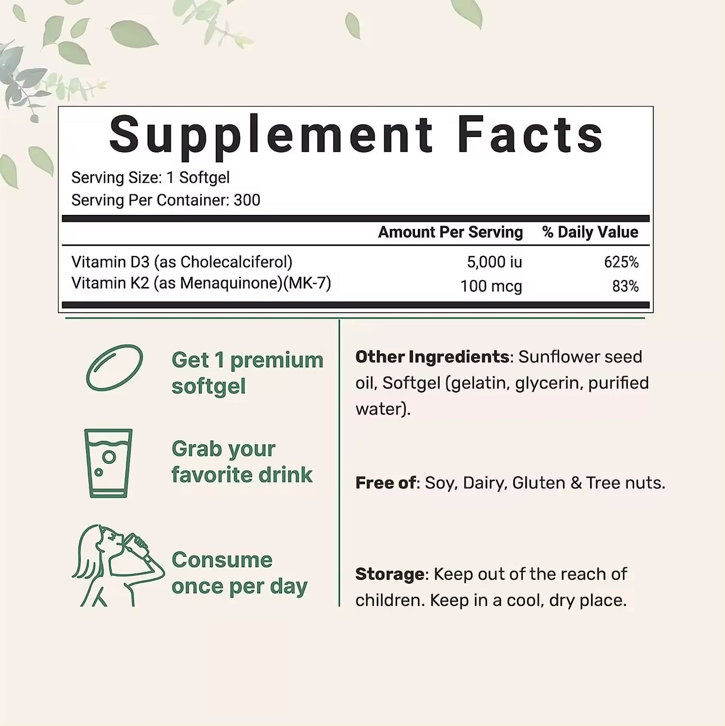 Vitamin D3 K2 Supplement Softgels